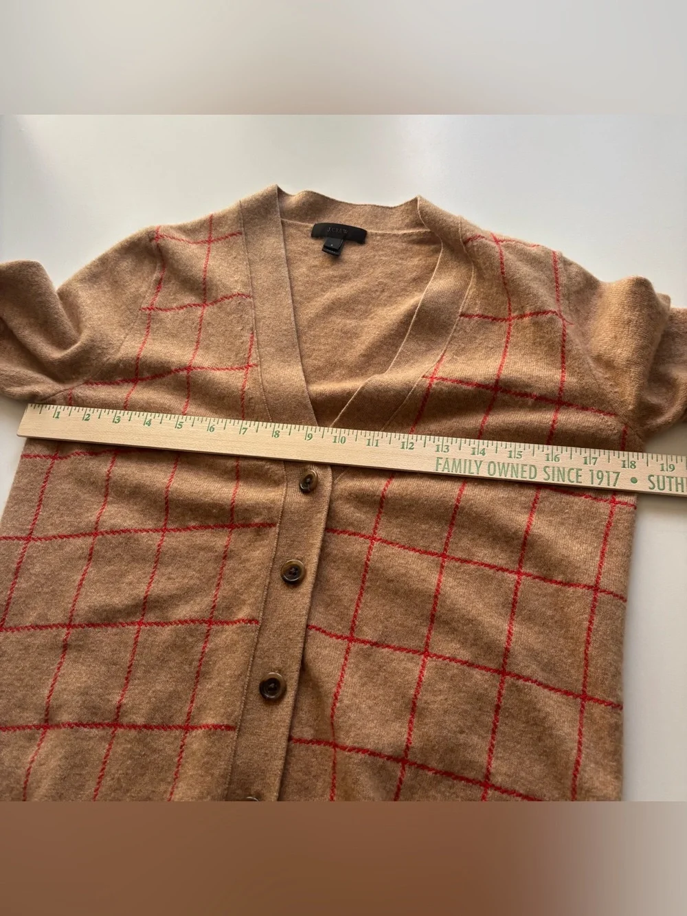 J Crew wool cashmere blend windowpane plaid cardigan Small tan red v neck